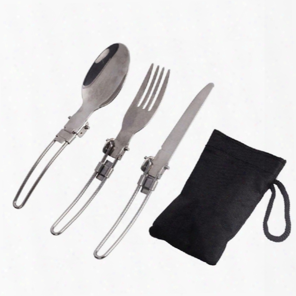 Outdoor Portable Caping Picnic Tableware Stainless Steel Folding Fork And Spoon With Bag Foldable Outdoor Dinnerware Eating Tools
