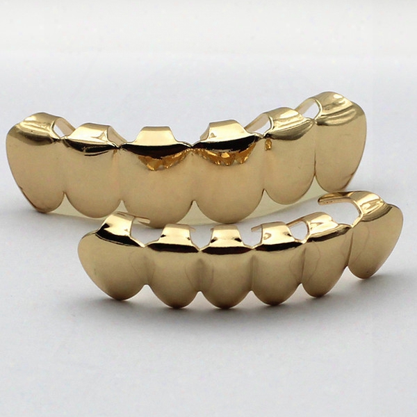 Real Shiny!! Fashion Real Gold Plated Hiphop Teeth Grillz Top & Bottom Grill Set