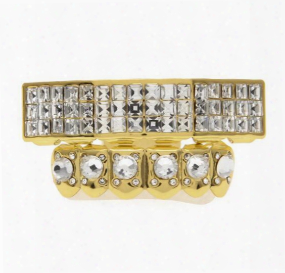 Real Silver Gold Plated Iced Out Square Cz Rhinestone Hip Hop Teeth For Mouth Grillz Caps Top & Bottom Grill Set Vampire Jewelry