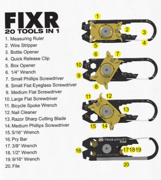 The True Utility Fixr Pocket Multitool - 20 In 1 Edc Survival Keychain Tool