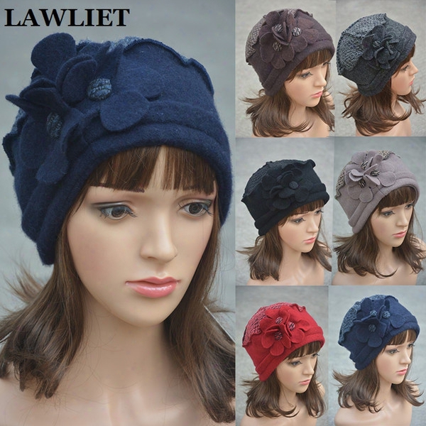 Wholesale-flower Waves Trimmed Womens Wool Beanie Cap Dress Crochet Winter Hat Ladies Warm Beret Hats Outdoor Snow Hats For Female A125