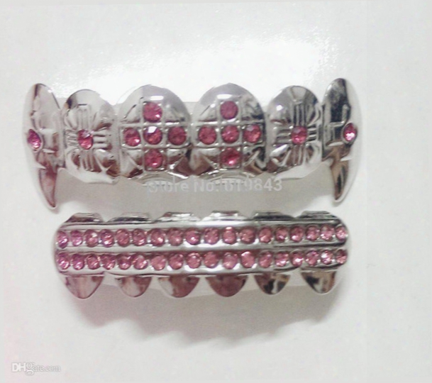 Wholesale-real Shiny!! Imi Rhodium Plated Pink Stone Vampire Hiphop Teeth Grillz Top & Bottom Grill Set