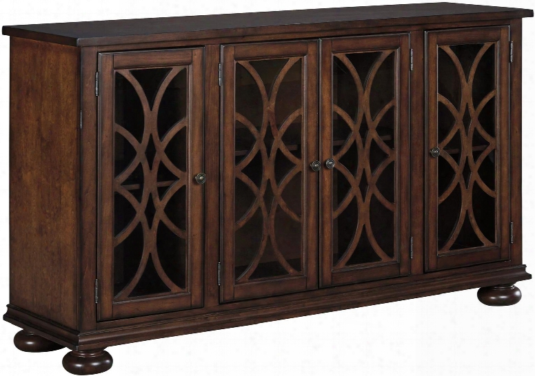 Baxenburg D506-60 64" Square Dining Room Server With Four D Oors With Tempered Glass And Decorative Wood Grille Storage Space Ahd Warm Brown