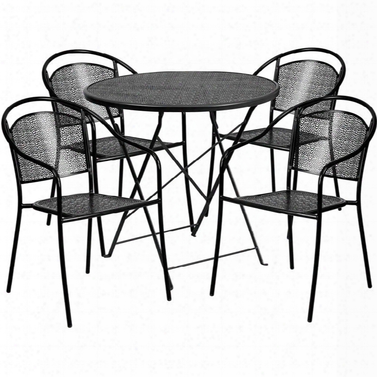 Co-30rdf-03chr4-bk-gg 30' Round Black Indoor-outdoor Steel Folding Patio Table Set With 4 Round Back