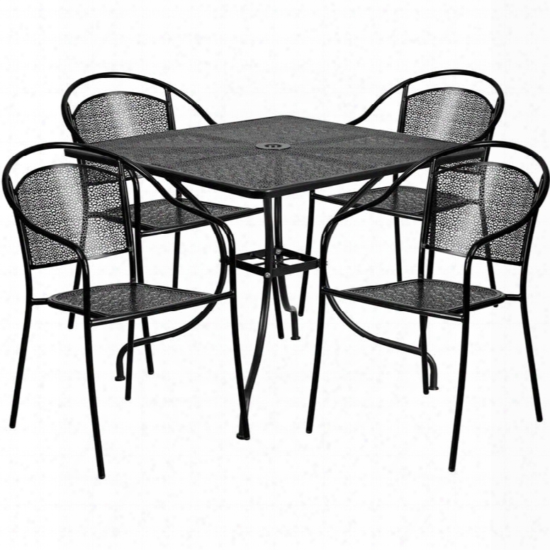 Co-3s5q-03chr4-bk-gg 35.5' Square Black Indoor-outdoor Steel Patio Table Set With 4 Round Back