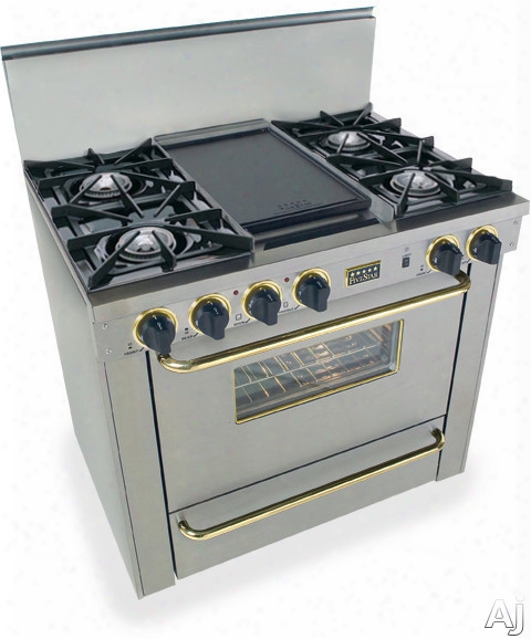 Fivestar Tpn3107bsw 36 Inch Pro-style Lp Gas Range With 4 Open Burners, Vari-flame Simmer On Front Burners, 3.69 Cu. Ft. Manual Clean Oven, Broiler Oven And Double Sided Grill/griddle: Stainless Steel With Brass Package