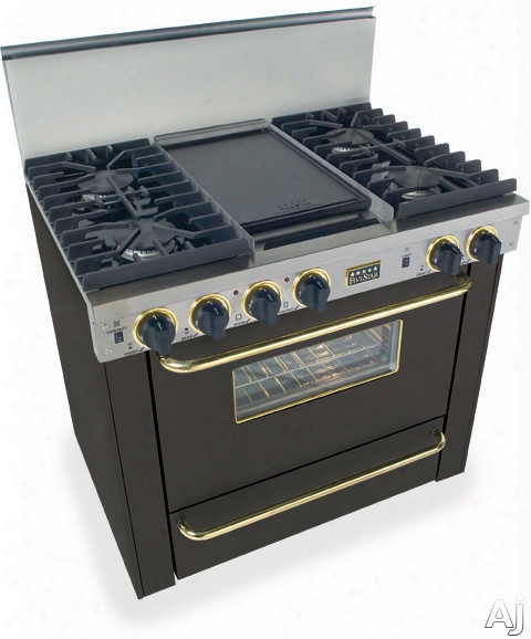 Fivestar Tpn3317sw 36 Inch Pro-style Lp Gas Range With  4 Sealed Ultra High-low Burners, 3.69 Cu. Ft. Convection Oven, Manual Clean, Broiler Oven And Double Sided Grill/griddle: Black With Brass Package