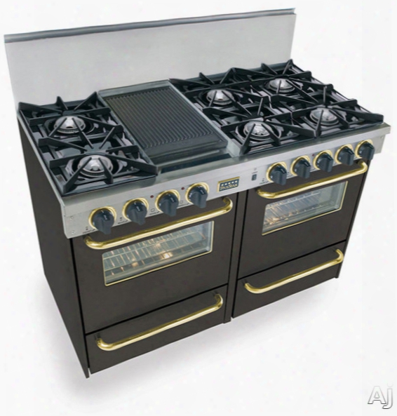 Fivestar Tpn5107sw 48 Inch Pro-style Lp Gas Range With 6 Open Burners, Vari-flame Simmer On Front Burners, 2.92 Cu. Ft. Manual Clean Ovens, Broiler Ovens And Double Sided Grill/griddle: Black With Brass Package