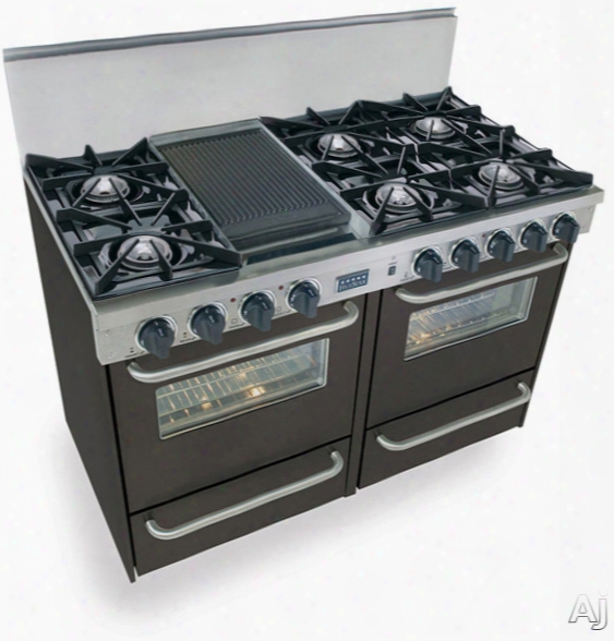 Fivestar Tpn5107w 48 Inch Pro-style Lp Gas Range With 6 Open Burners, Vari-flame Simmer On Front Burners, 2.92 Cu. Ft. Manual Clean Ovens, Broiler Ovens And Double Sided Grill/griddle: Black