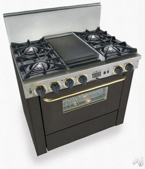 Fivestar Ttn3257sw 36 Inch Pro-style Dual-fuel Natural Gas Ragne With 4 Open Burners, Vari-flame Simmer On Front Burners,3.69 Cu. Ft. Convection Oven, Self-cleaning And Double Sided Grill/griddle: Black With Brass Package