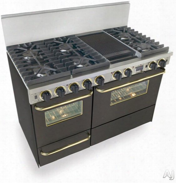 Fivestar Ttn5377sw 48 Inch Pro-style Dual-fuel Natural Gas Range With 6 Sealed Ultra High-low Burners, 3.69 Cu. Ft. Convection Electric Oven, Self-cleaning And Double Sided Grill/griddle: Black With Brass Package