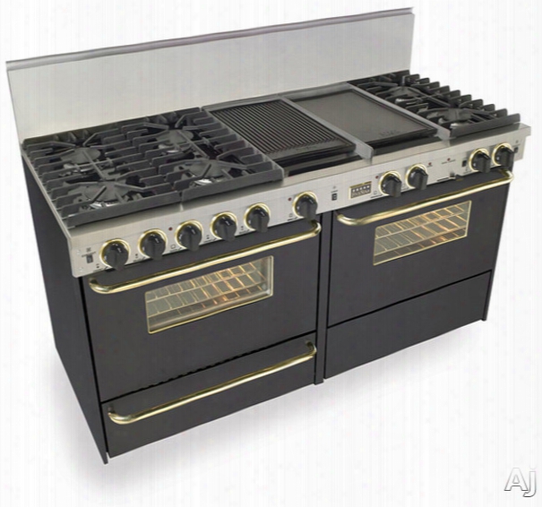 Fivestar Ttn6377sw 60 Inch Pro-style Dual-fuel Natural Gas Range With 6 Sealed Ultra High-low Burners, Two 3.69 Cu. Ft. Convection Oven, Self-clean And Double Sided Griddle/grill: Black With Brass Package