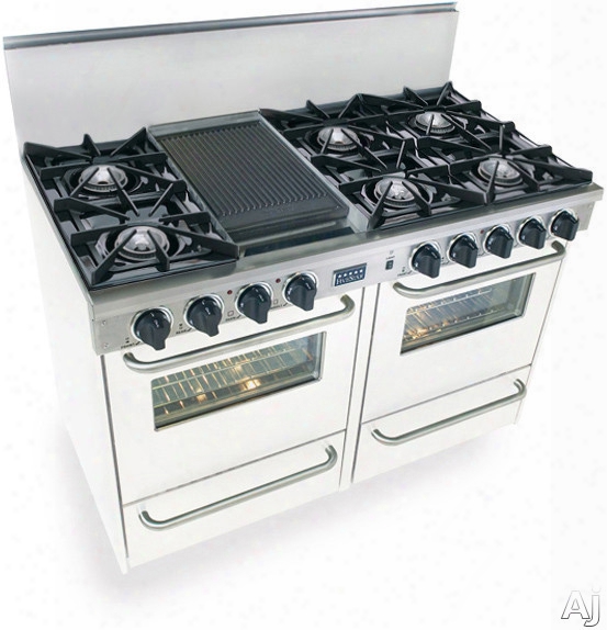 Fivestar Wpn5107w 48 Inch Pro-style Lp Gas Range With 6 Open Burners, Vari-flame Simmer On Front Burners, 2.92 Cu. Ft. Manual Clean Ovens, Broiler Ovens And Double Sided Grill/griddle: White