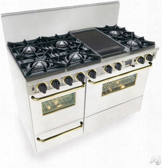 Fivestar Wpn5257sw 48 Inch Pro-style Dual-fuel Lp Gas Range With 6 Open Burners, Vari-flame Simmer On Front Burners, 3.69 Cu. Ft. Convection Oven, Self-cleaning And Double Sided Grill/griddle: White With Brass Package