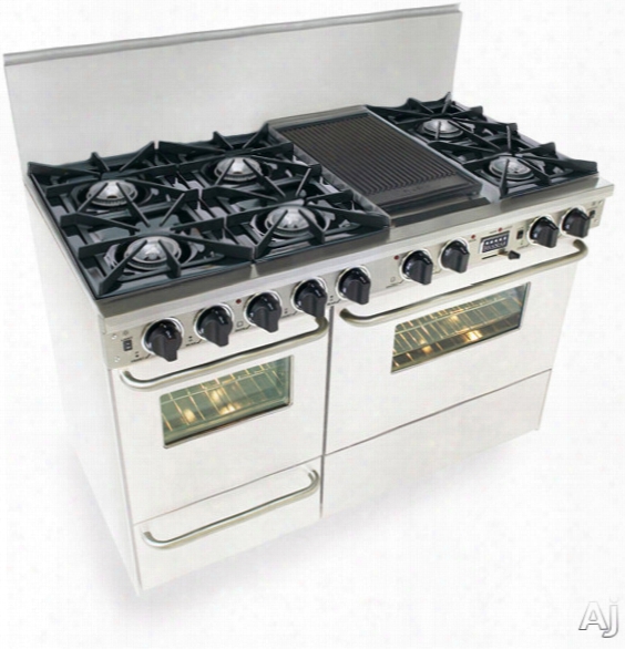 Fivestar Wpn5257w 48 Inch Pro-style Dual-fuel Lp Gas Range With 6 Open Burners, Vari-flame Simmer On Front Burners, 3.69 Cu. Ft. Convection Oven, Self-cleaning And Double Sided Grill/griddle: White