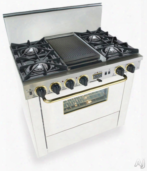 Fivestar Wtn3257sw 36 Inch Pro-style Dual-fuel Natural Gas Range With 4 Open Burners, Vari-flame Simmer On Front Burners, 3.69 Cu. Ft. Convection Oven, Self-cleaning And Double Sided Grill/griddle: White With Brass Package