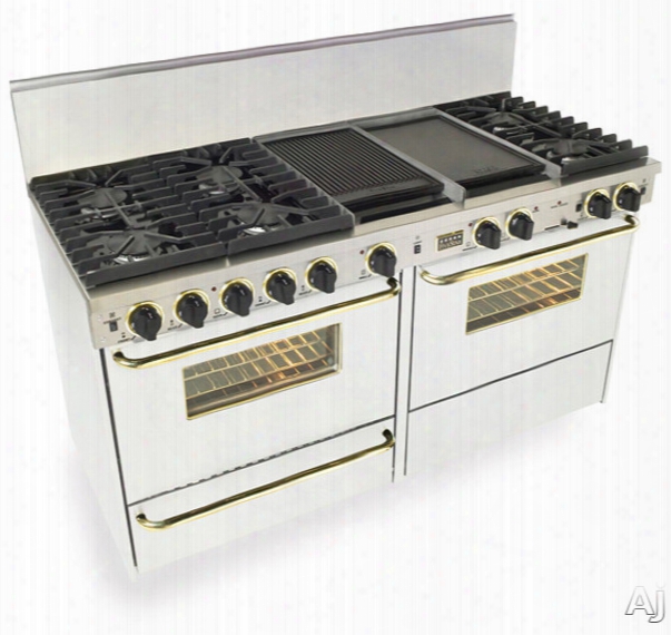 Fivestar Wtn6377sw 60 Inch Pro-style Dual-fuel Natural Gas Range With 6 Sealed Extreme High-low Burners, Two 3.69 Cu. Ft. Convection Oven, Self-clean And Double Side Dgriddle/girll: White With Brass Package