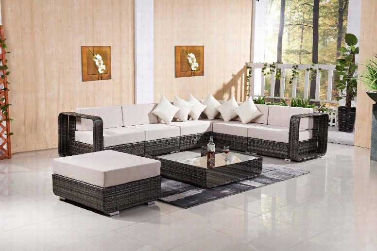 Fq-802-g-lg Patio Set With Sectional Sofa Ottoman And Coffee Table Grey In Brown And Light
