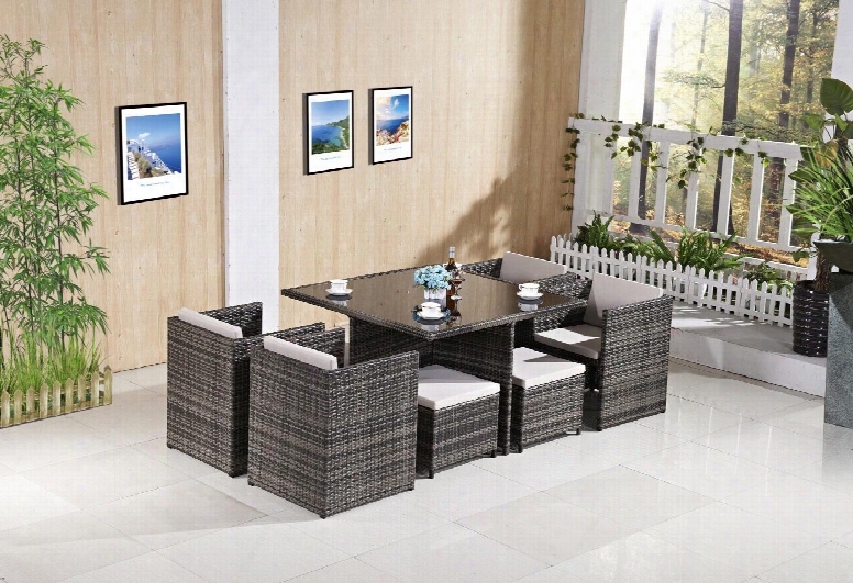 Fq-902-g-lg 9-piece Patio Dining Set With Dining Table 4 Chairs And 4 Ottomans In Grey Frame And Light Grey