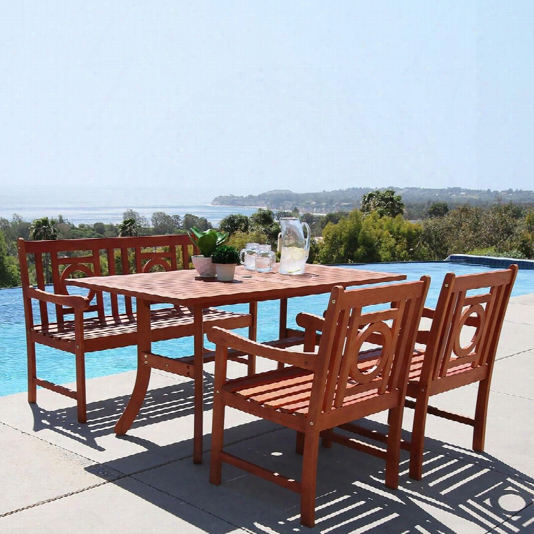 Malibu Collection V189set28 4 Pc Outdoor Dining Set With 4-foot Bench Rectangle Table Armchairs Umbrella Hole And Eucalyptus Hardwood In Natural Wood