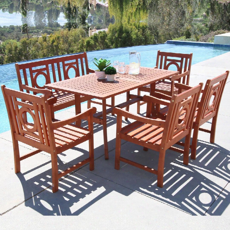 Malibu Collection V189set29 6 Pc Outdoor Dining Set With 4-foot Bench Rectangle Table 4 Armchairs Umbrella Hole And Eucalyptus Hardwood In Natural Wood