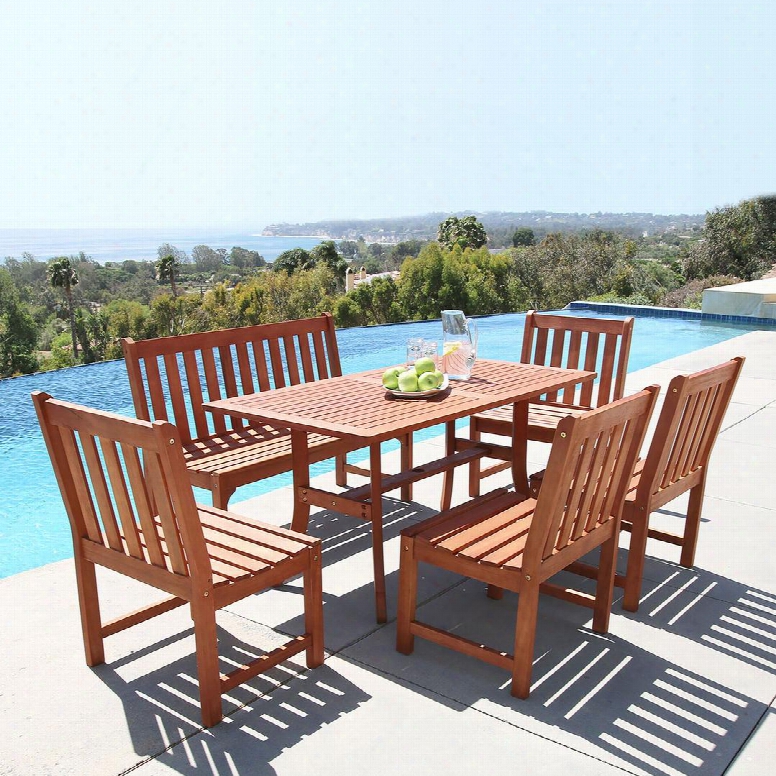 Malibu Collection V189set33 6 Pc Outdoor Dining Set With 4-foot Armless Bench Rectangle Table 4 Armless Chairs Umbrella Hole And Eucalyptus Hardwood