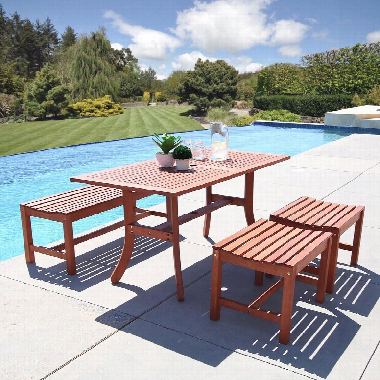 Malibu Collection V189set36 4 Pc Outdoor Backless Dining Set With 4-foot Backless Bench Rectangular Table 2 Backless Chairs Umbrella Hol And Eucalyptus
