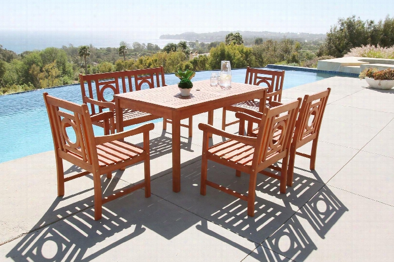 Malibu Collection V98set56 6 Pc Outdoor Dining Set With 4-foot Bench Rectangular Table 4 Armchairs Umbrella Hole And Eucalyptus Hardwood Construction In