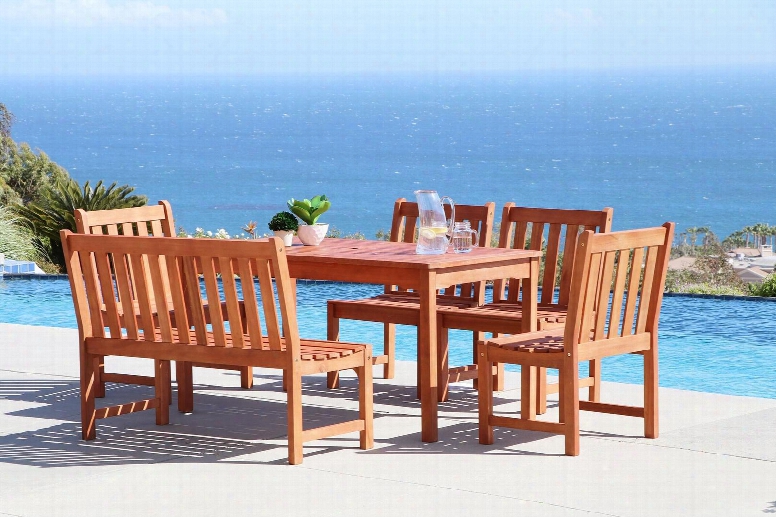 Malibu Collection V98set60 6 Pc Outdoor Dining Set With 4-foot Bench Rectangular Table 4 Armchairs Umbrella Hole And Eucalyptus Hardwood Construction In