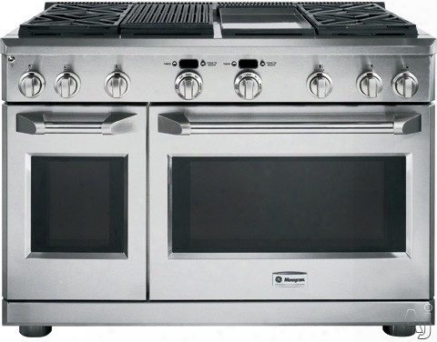 Monogram Zdp484ngpss 48 Inch Pro-style Dual-fuel Range With 4 Sealed Dual Flame Stacked Burners, 5.75 Cu. Ft. Reverse Air/european Convection Oven, 2.5 Cu. Ft. Companion Oven, Grill/griddle, Glide Racks And Star-k Certified: Natural Gas