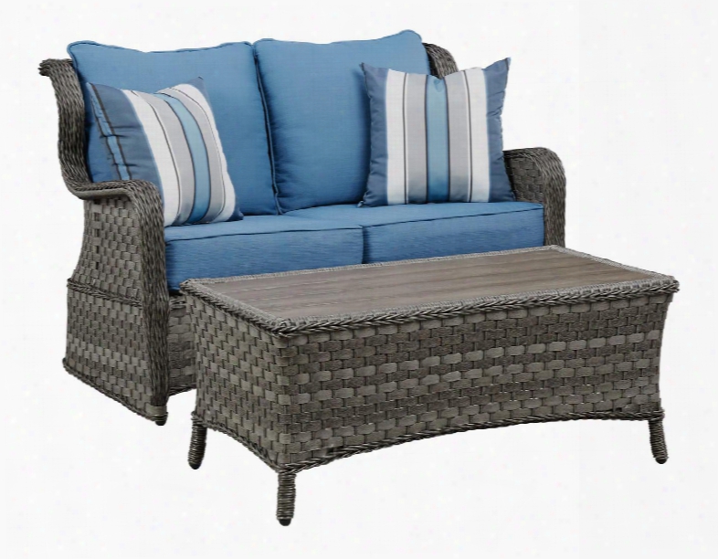 Abbots Court Collection P360-035 2-piece Outdoor Loveseat Glider And Table Set With Rust Free Aluminum Frame Resin Wicker And Nuvella Fabric Cushions In Blue