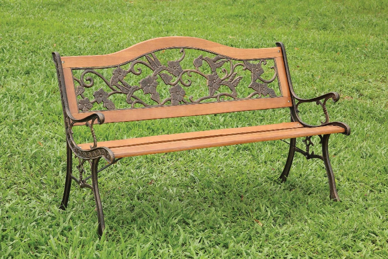 Alba Cm-ob1806 Patio Wooden Bench With Floral And Bird Backrest Design Wooden Border Slated Seat Solid Wood Wood Veneer And Others In Antique