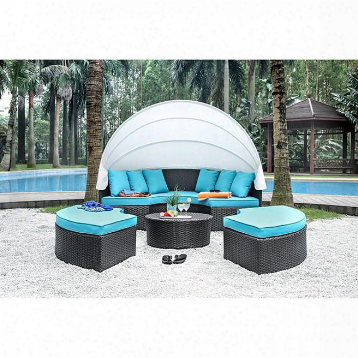 Aria Cm-os2117-set Patio Canopy Daybed With Turquoise Fabric Cushions Includes 3 Ottomans And 6 Pillows Uv And Water Resistant In Light Brown Wicker/white