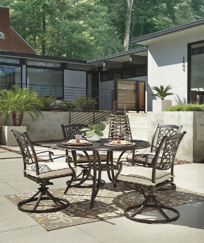 Burnella Collection P456rdt4sc 5-piece Outdoor Patio Set With Round Dining Table And 4 Swivel Chairs In Beige And