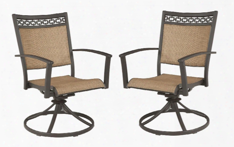 Carmadelia Collection P376-602a (set Of 2) Outdoor Sling Swivel Chairs With Rust Free Aluminum Frame Pvc Sling And Powder Coated Finishh In Tan And