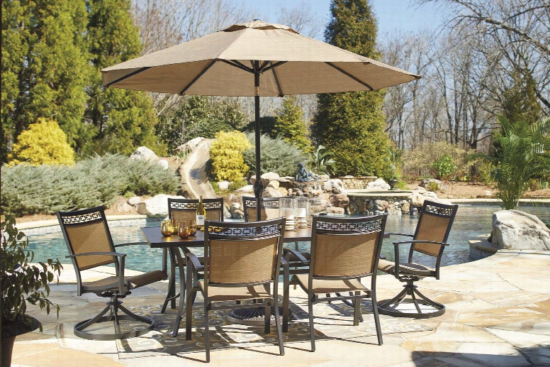 Carmadelia Collection P376rect4c2scu 8-piece Outdoor Patio Set With Rectangular Dining Table 4 Side Chairs 2 Swivel Chairs And Umbrella With Stand In Tan And