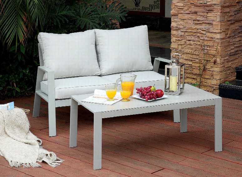 Cordelia Cm-oc1765-lv Patio Love Seat With Contemporary Style Plank Style Design Light Gray Fabric Cushions Aluminum Frame In Light