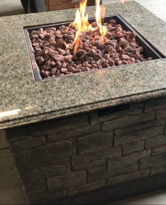 Dm-gfp-009a-lr 35" Stone Table Gas Fire Pit With 40 000 Btu Output Battery Operated System Marble Table Top And Magnesium Oxide Material In Mantel Composite