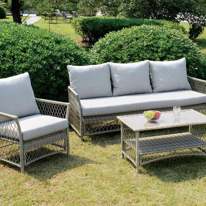 Jacquelyn Cm-os1832 4 Pc. Patio Seating Set With Contemporary Style 5mm Tempered Glass Top Uv And Water Resistant Light Gray Wicker Frame In Light