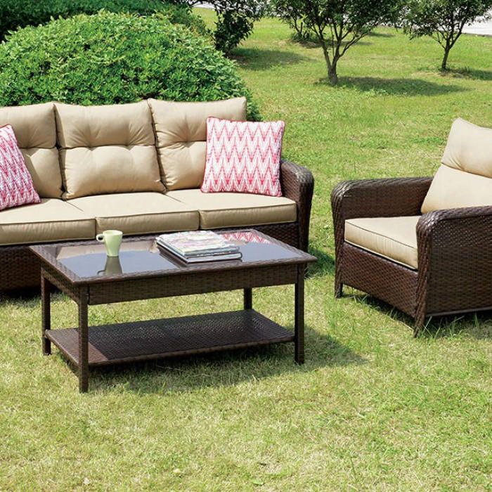 Jocelyn Cm-os1831 4 Pc. Patio Seating Set With Contemporary Style Includes Coff Ee Table And Accent Pillows Uv And Water Resistant 5mm Brown Tempered Glass