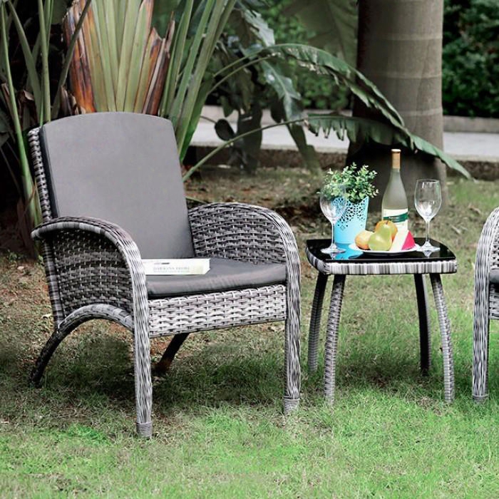 Juno Cm-ot2130 3 Pc. Patio Seating Set With Contemporary Style 5mm Black Tempered Glass Top Removable Cushions In Gray Wicker/gray Cushion/black