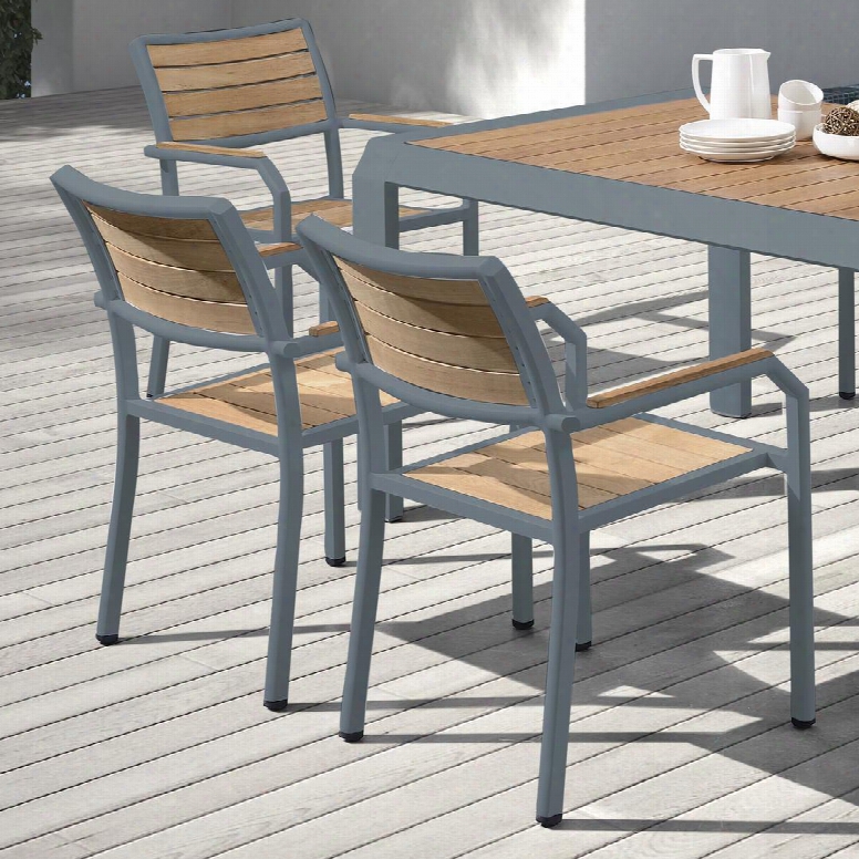 Lcmnchgr Minsk Outdoor Patio Dining Chair In Gray Powder Coated Finish And Teak Wood - Set Of