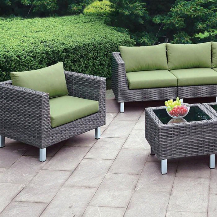 Lorena Cm-os2116 7 Pc. Patio Set With Contemporary S Tyle Includes 2 End Tables Uv And Water Resistant Green Fabric Cushions In Gray Wicker/green