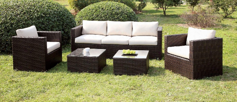 Olina Cm-os1820iv 5 Pc. Patio Set With Contemporary Style Includes 2 Tables Clear Tempered Glass Top Brown Or Ivory Fabric Seats In Ivory Cushions/espresso