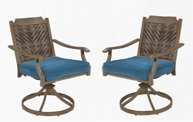 Partanna Collection P556-602a (set Of 2) 35" Outdoor Swivel Chairs With Chevron-woven Wicker Back Aluminum Frame And All-weather Nuvella Cushion In Blue And