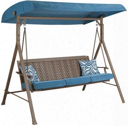 Partanna Collection P556-908 79" Outdoor Swing With Cushions Included Adjustable Canopy And Powder Coated Steel Frame In Blue And Beige