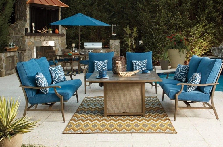 Partanna Collection P5567725s 5-piece Outdoor Patio Set With Fire Pit Table + 2 Lounge Chairs + 2 Loveseats In Blue And Beige