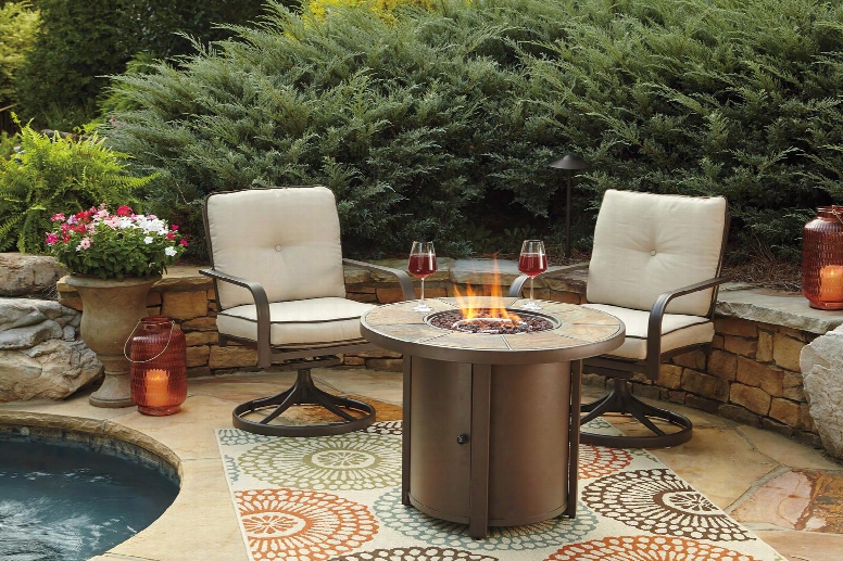 Predmore Collection P324t2c 3-piece Outdoor Patio Set With Round Fire  Pit Table And 2 Swivel Chairs In Beige And