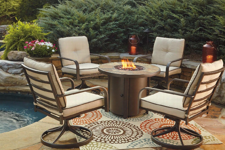 Predmore Collection P324t4c 5-piece Outdoor Patio Set With Round Fire Pit Table And 4 Swivel Chairs In Beige And