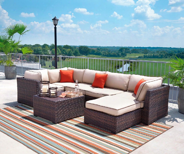 Renway Collection P450-077-846-877 7-piece Outdoor Patio Sectional Sofa Set With 3 Corner Chairs 2 Armless Chairs 1 Ottoman And 1 Cocktail Table In Beige And